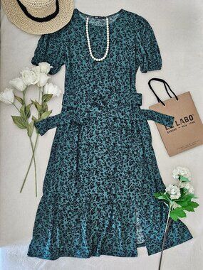 ZARA Green Floral Puff Sleeve Midi Dress with Slit - L